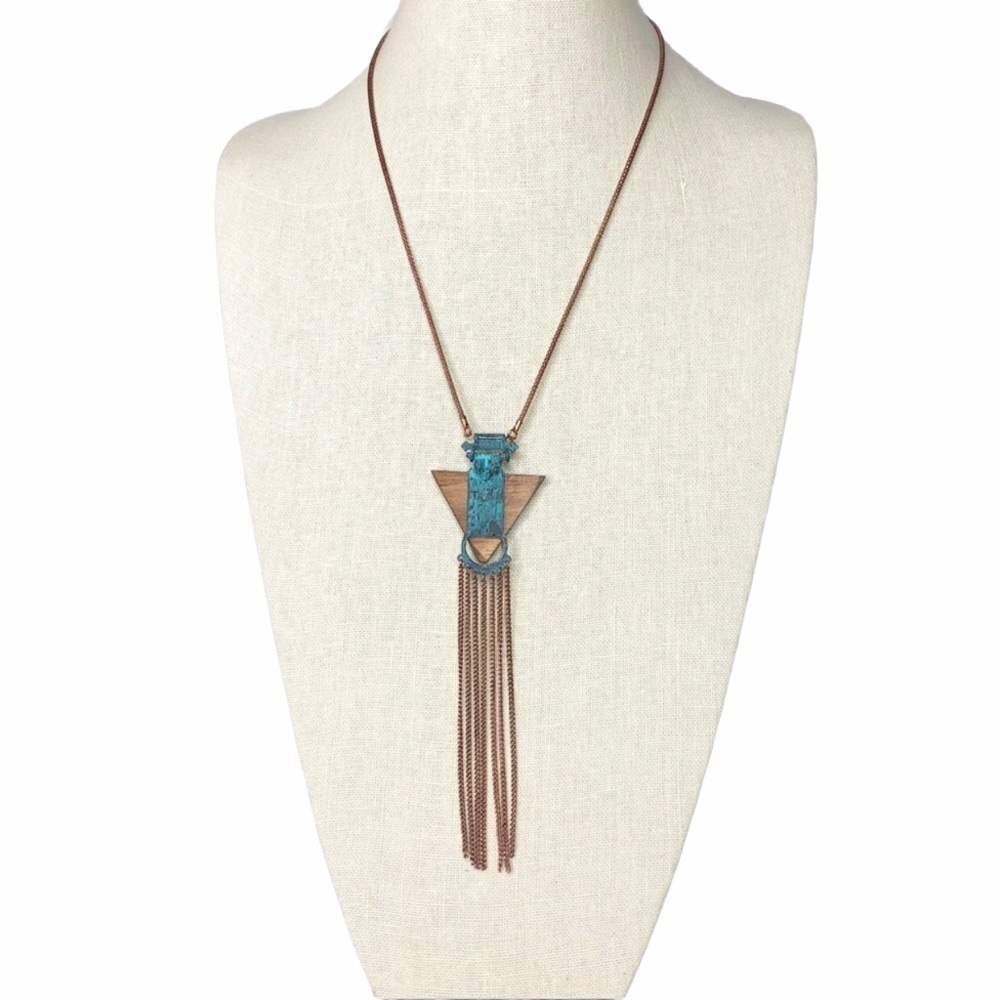 Boho Oxidized Copper Triangle Long Fringe Necklace